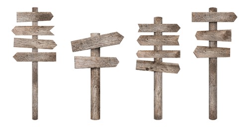 Image of Empty wooden road signs on white background