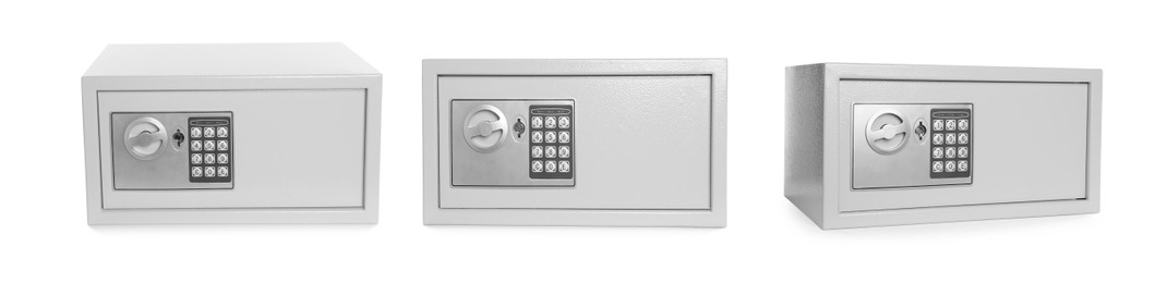 Image of Set of steel safes with electronic lock on white background. Banner design