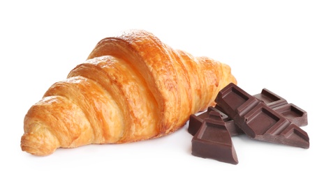 Tasty croissant with chocolate on white background. French pastry