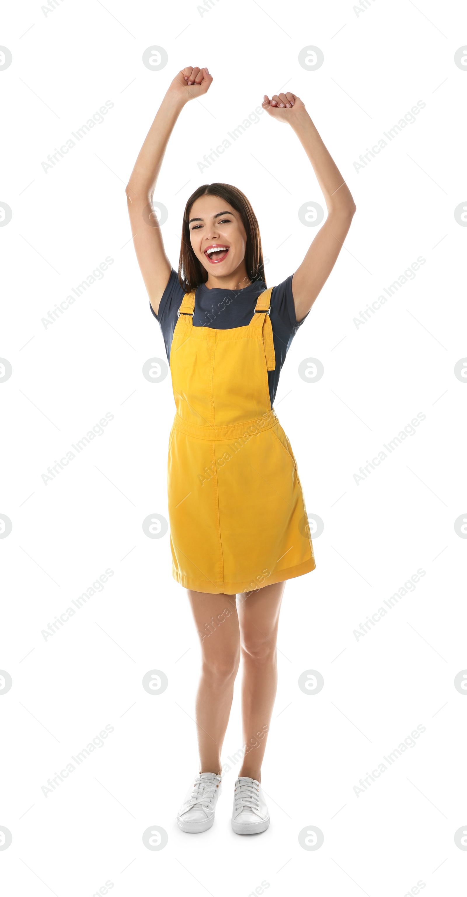 Photo of Full length portrait of emotional woman on white background