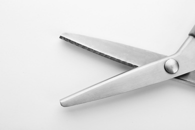 Photo of Pair of sewing scissors on white background, closeup
