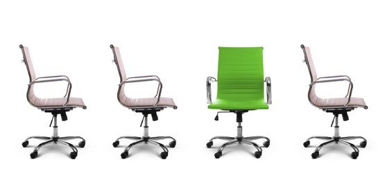 Image of Vacant position. Green office chair among another ones on white background, banner design