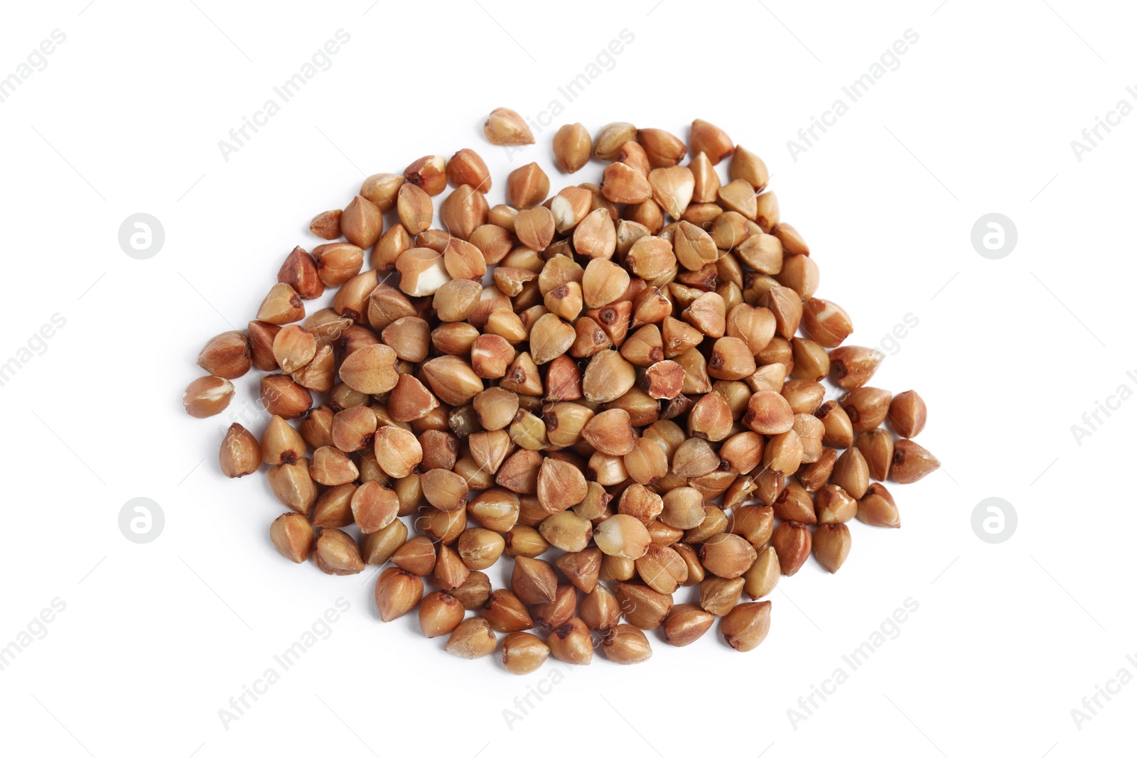 Photo of Uncooked buckwheat on white background, top view