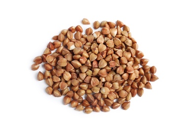 Photo of Uncooked buckwheat on white background, top view