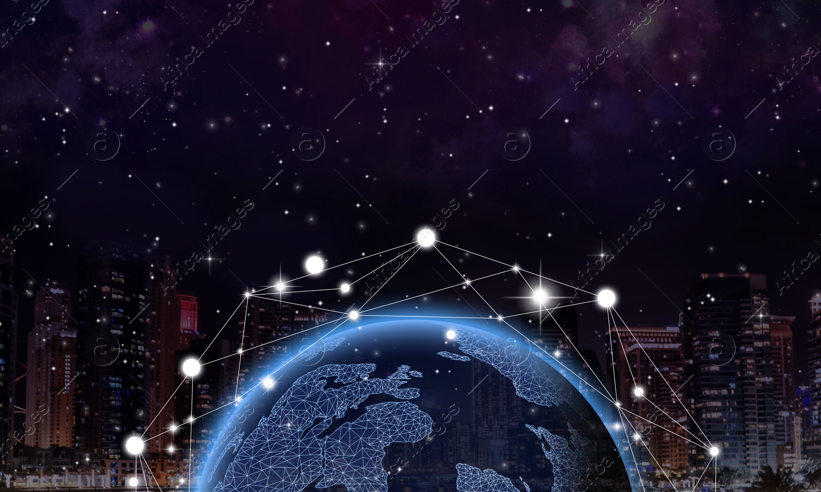 Image of Globe with network connection lines and night city. Modern technology