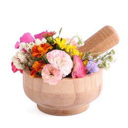 Photo of Wooden mortar with different flowers and pestle on white background
