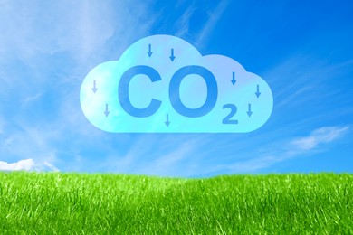 Image of Reduce CO2 emissions. Illustration of cloud with CO2 inscription, arrows and meadow