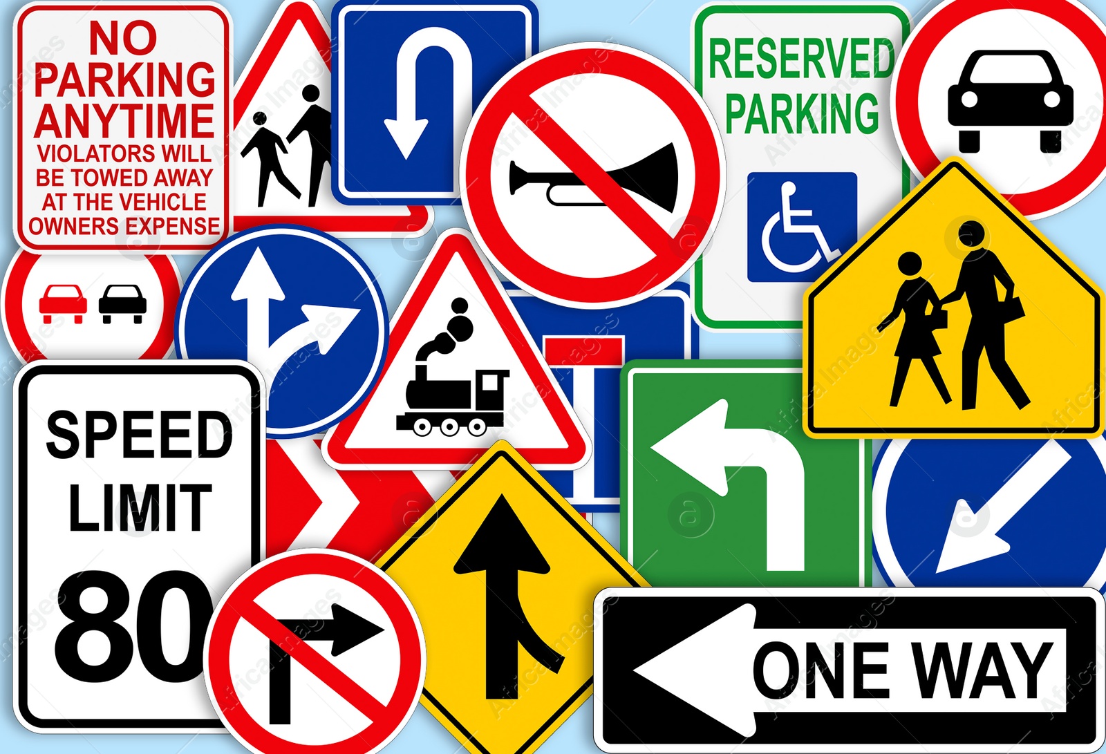 Image of Collection of different traffic signs on turquoise background