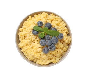 Photo of Tasty millet porridge with blueberries and mint in bowl isolated on white, top view