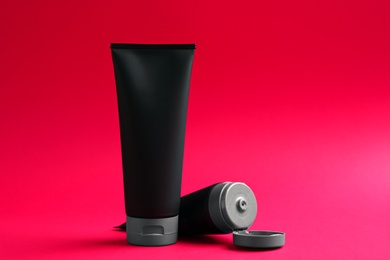 Photo of Set of men's cosmetic on color background. Mockup for design