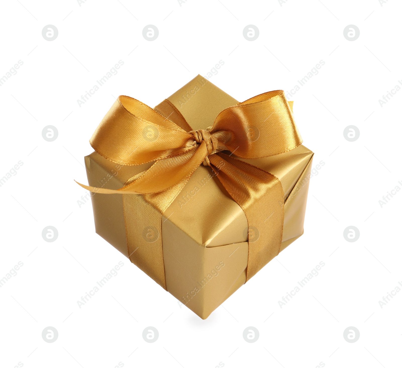 Photo of Gift box with golden ribbon and bow on white background