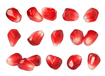 Image of Ripe juicy pomegranate seeds on white background, collage 