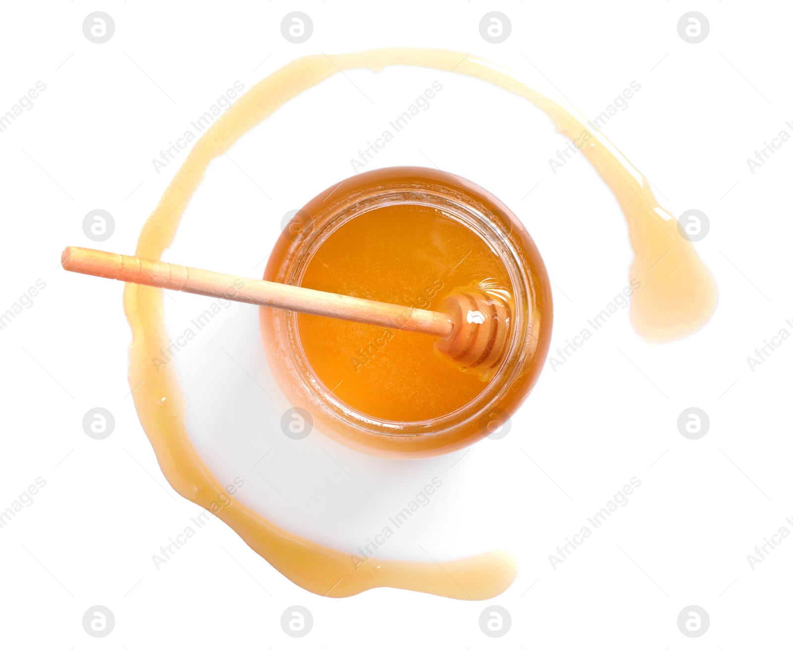 Photo of Jar with tasty natural honey and dipper on white background, top view