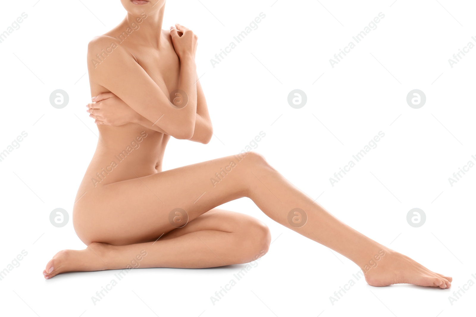 Photo of Young woman with perfect smooth skin on white background. Beauty and body care