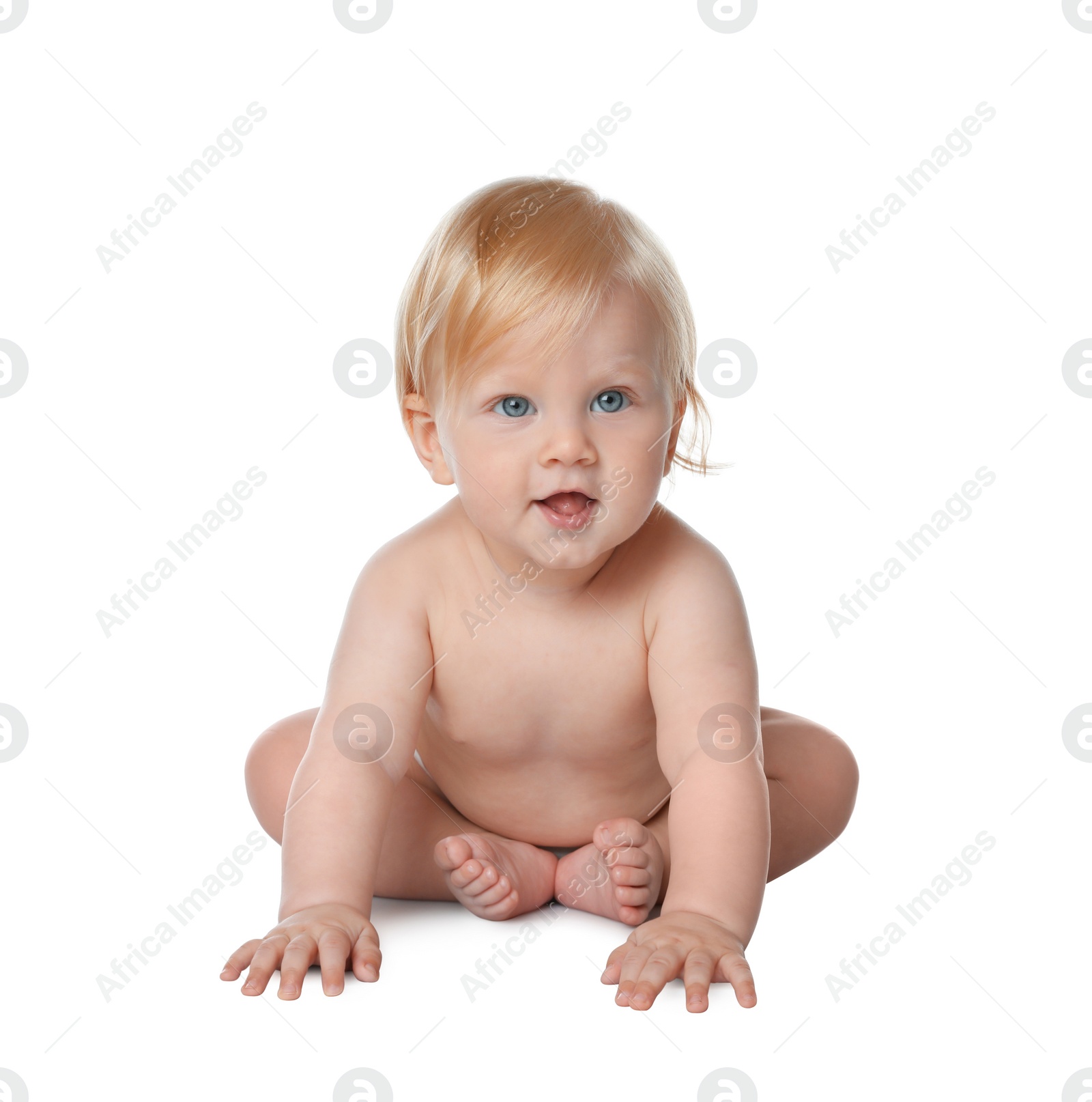 Photo of Cute little baby in diaper on white background