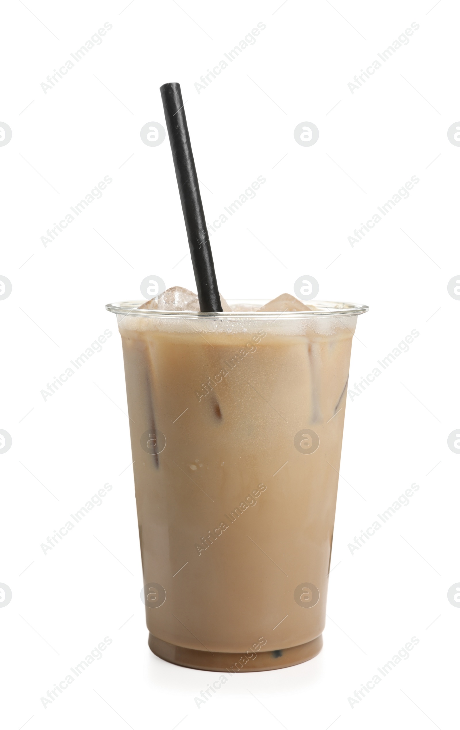 Photo of Takeaway plastic cup with cold coffee drink and straw isolated on white