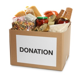 Photo of Donation box full of different products on white background