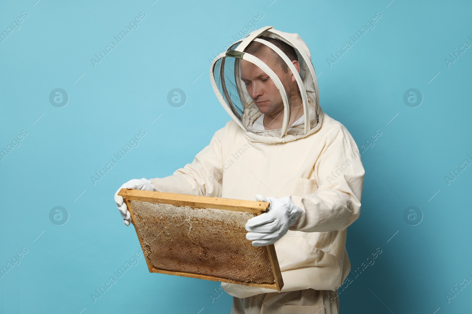 Photo of Beekeeper in uniform holding hive frame with honeycomb on light blue background