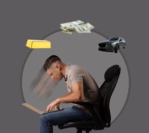 Image of Wealth obsession. Working hard to fulfill dreams about gold, money and car. Man engaged with laptop on grey background
