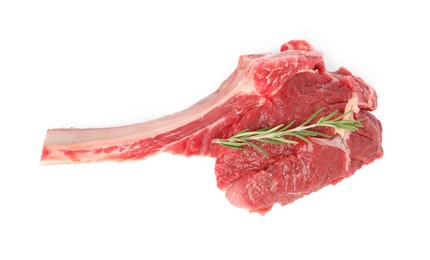 Raw ribeye steak and rosemary isolated on white, top view