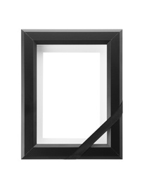 Photo of Funeral photo frame with black ribbon on white background