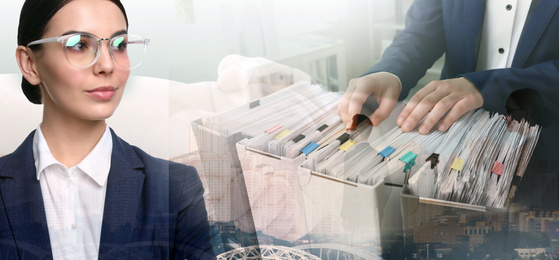 Image of Multiple exposure of business people, man with documents and cityscape. Banner design