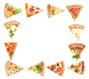 Image of Frame of pizza pieces on white background