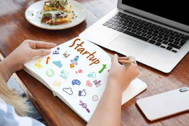 Image of Startup concept. Woman working at wooden table, closeup