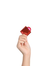 Photo of Woman holding condom on white background, closeup