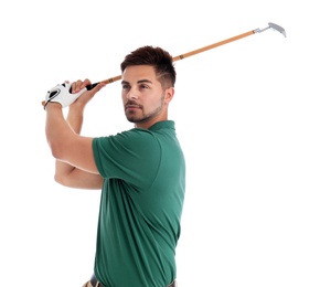 Photo of Young man playing golf on white background