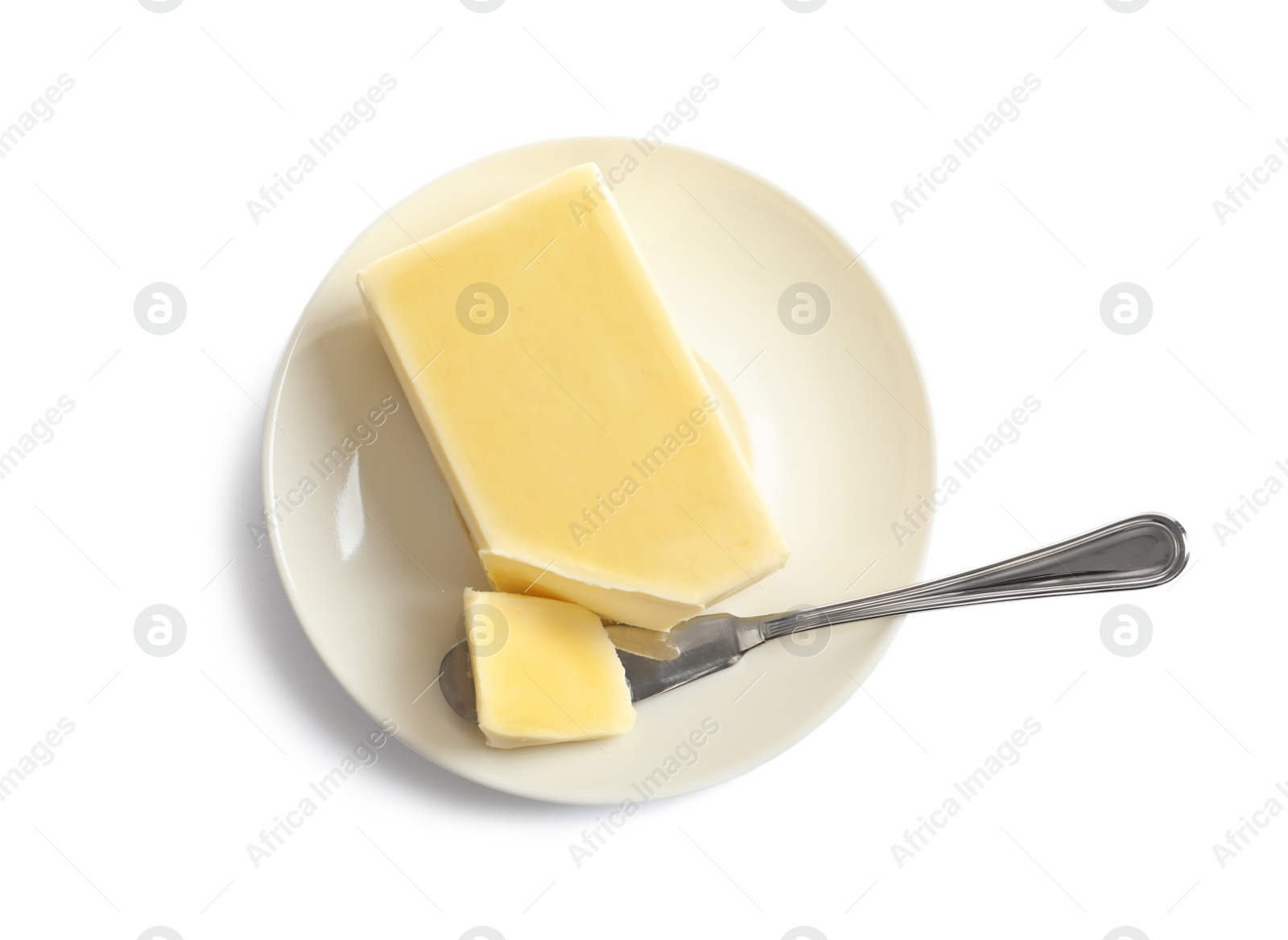 Photo of Plate with fresh butter and knife isolated on white, top view