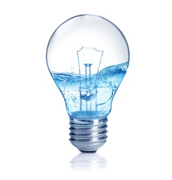 Image of Light bulb with water splashes on white background. Alternative energy source