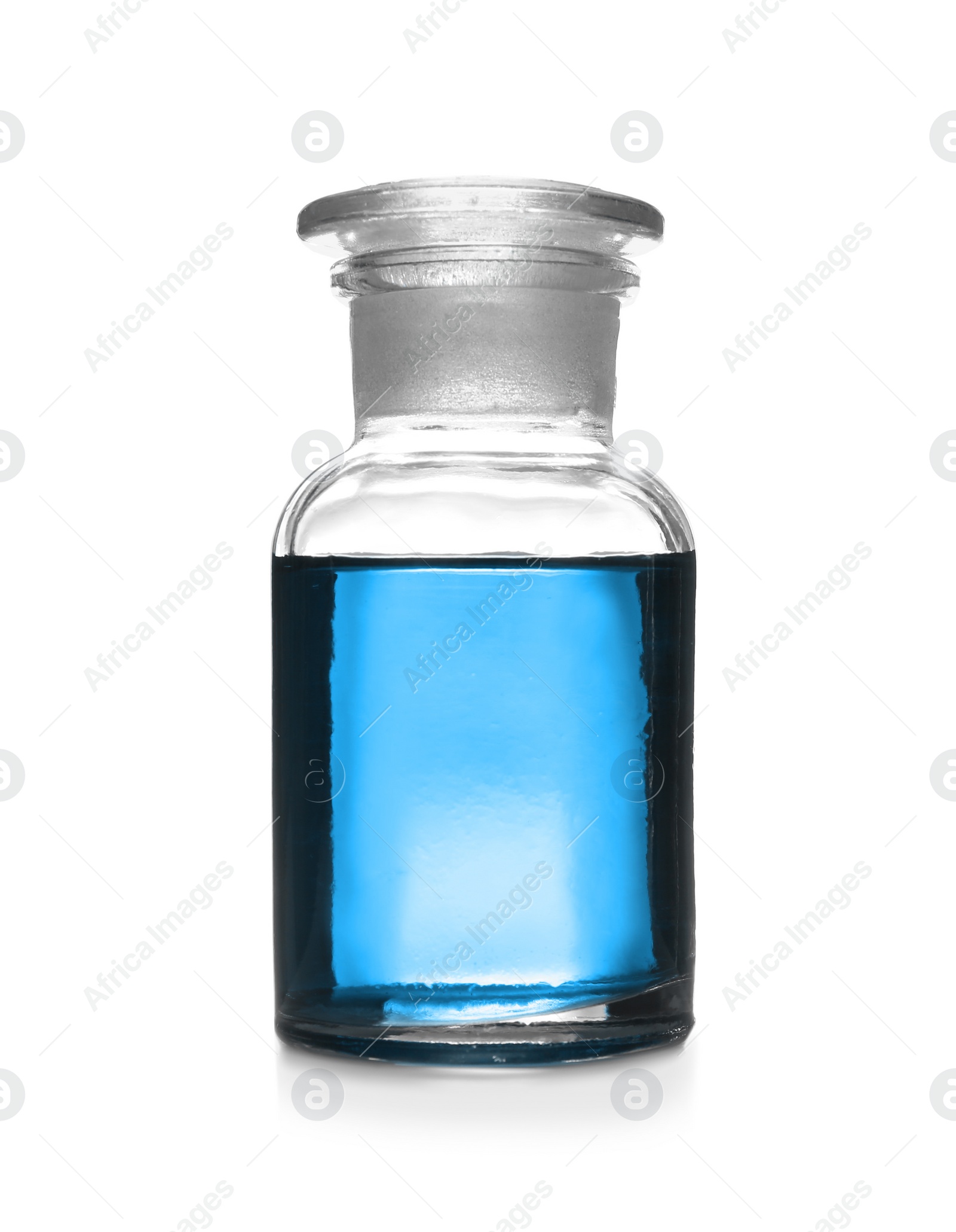 Image of Reagent bottle with blue liquid isolated on white. Laboratory glassware