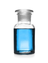 Image of Reagent bottle with blue liquid isolated on white. Laboratory glassware