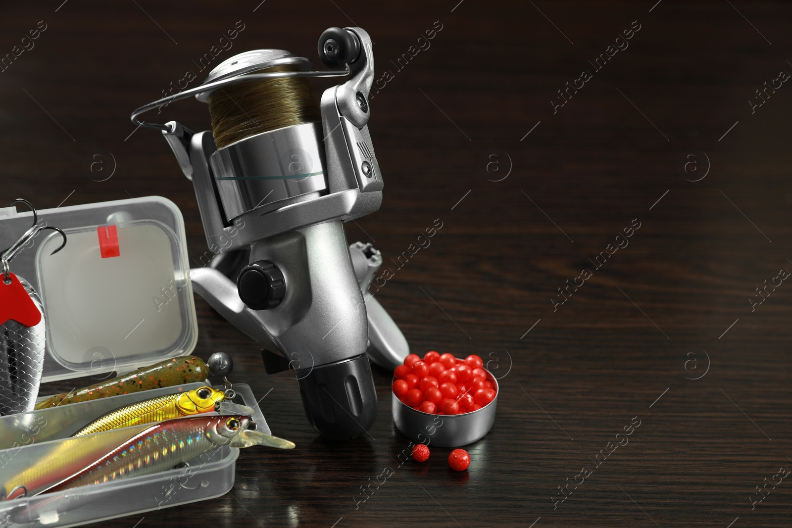 Photo of Fishing tackle. Spinning reel, bait and lures on dark wooden background, space for text