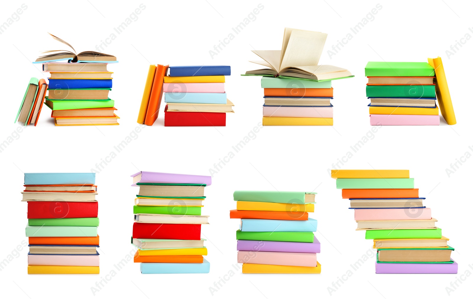 Image of Set of different bright hardcover books on white background