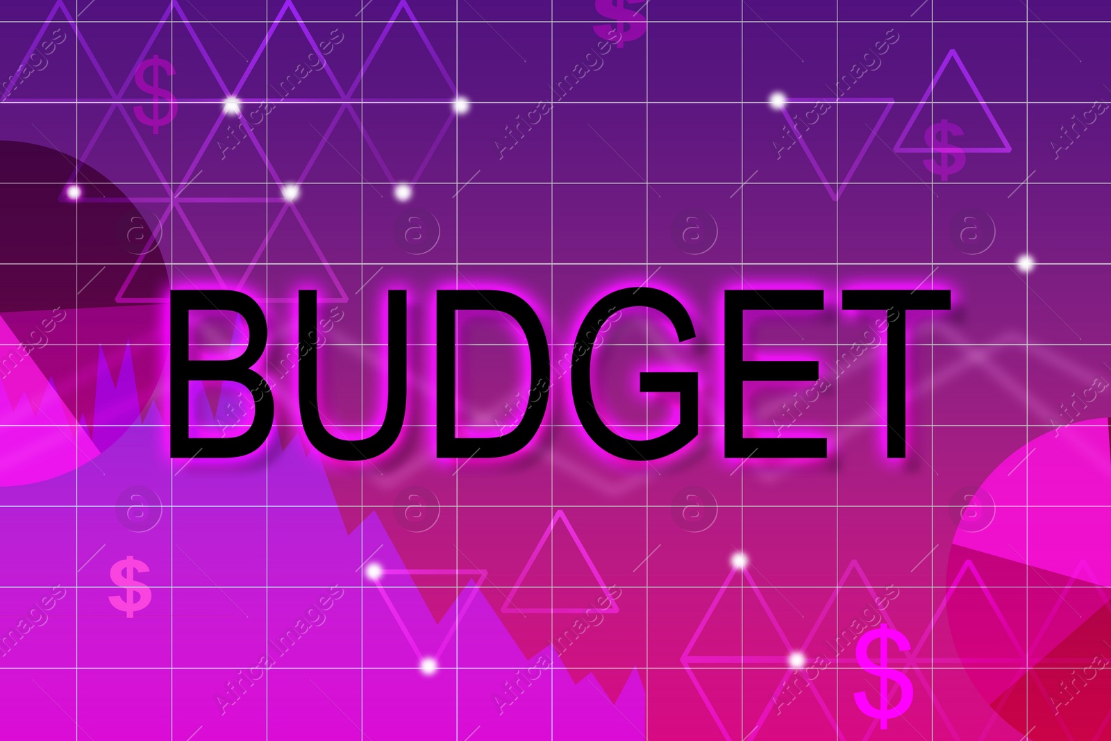 Illustration of Word Budget, dollar signs, graph and charts on color background
