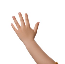 Photo of Little child against white background, closeup on hand