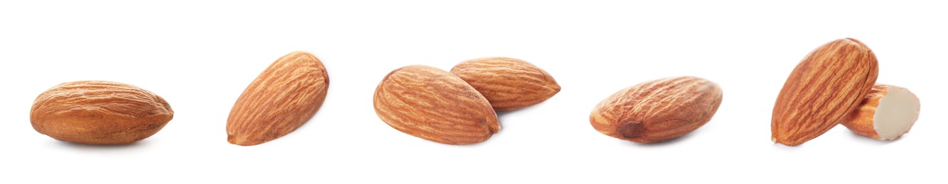 Image of Set with tasty almonds on white background. Banner design