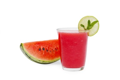 Photo of Glass of tasty watermelon drink with mint, lime and cut fresh fruit isolated on white