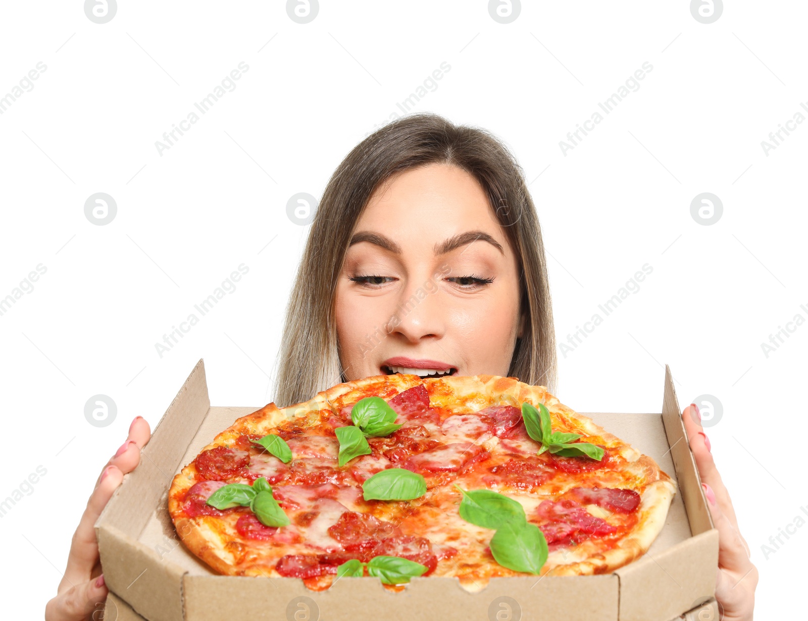 Photo of Attractive young woman with delicious pizza on white background