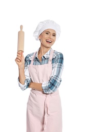 Photo of Female chef holding rolling pin on white background