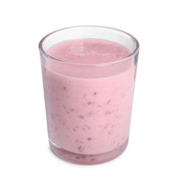 Photo of Tasty raspberry smoothie in glass isolated on white