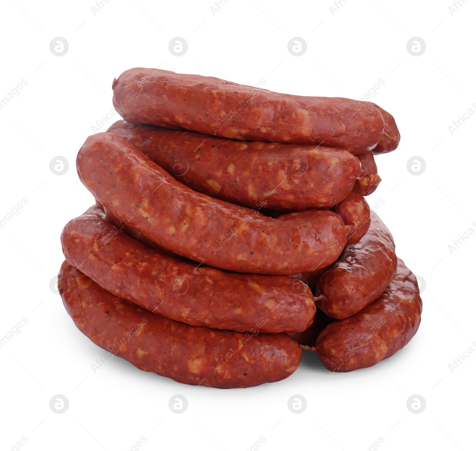 Photo of Many fresh raw sausages isolated on white. Meat product