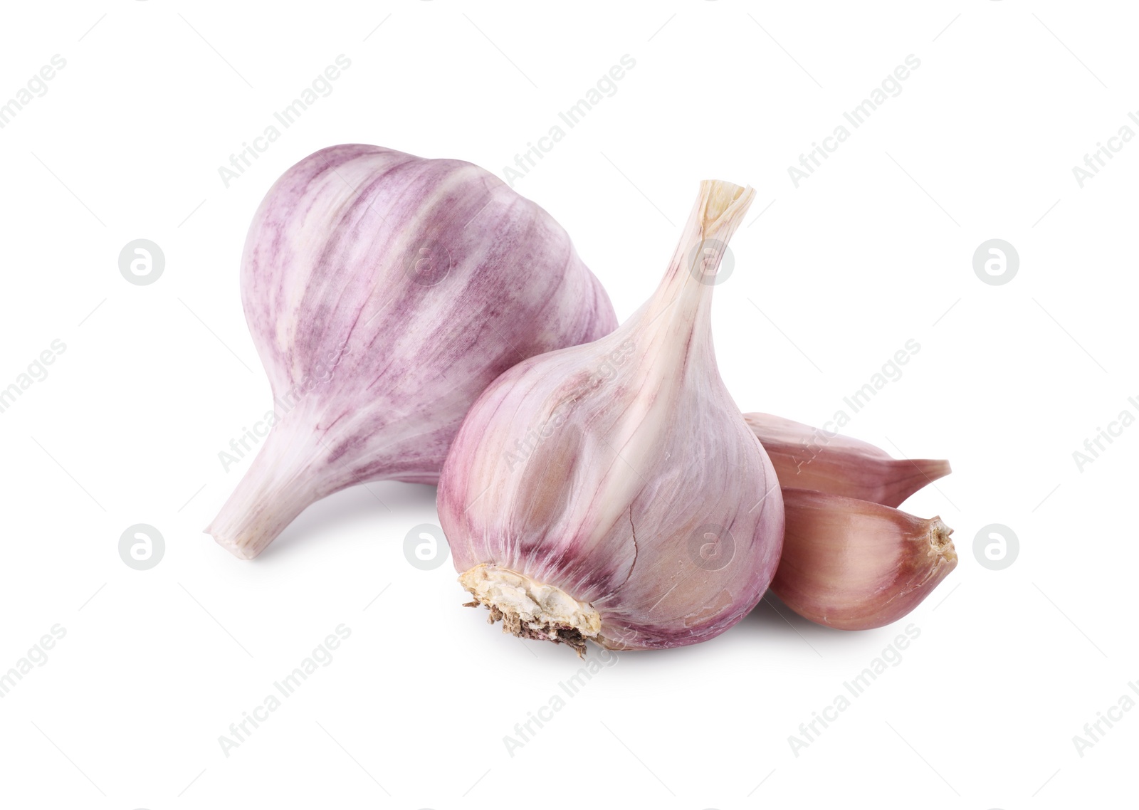 Photo of Fresh raw garlic heads and cloves isolated on white