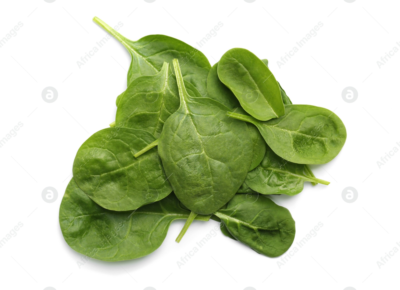 Photo of Pile of fresh spinach leaves isolated on white, top view