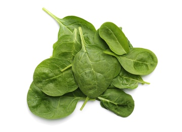 Pile of fresh spinach leaves isolated on white, top view