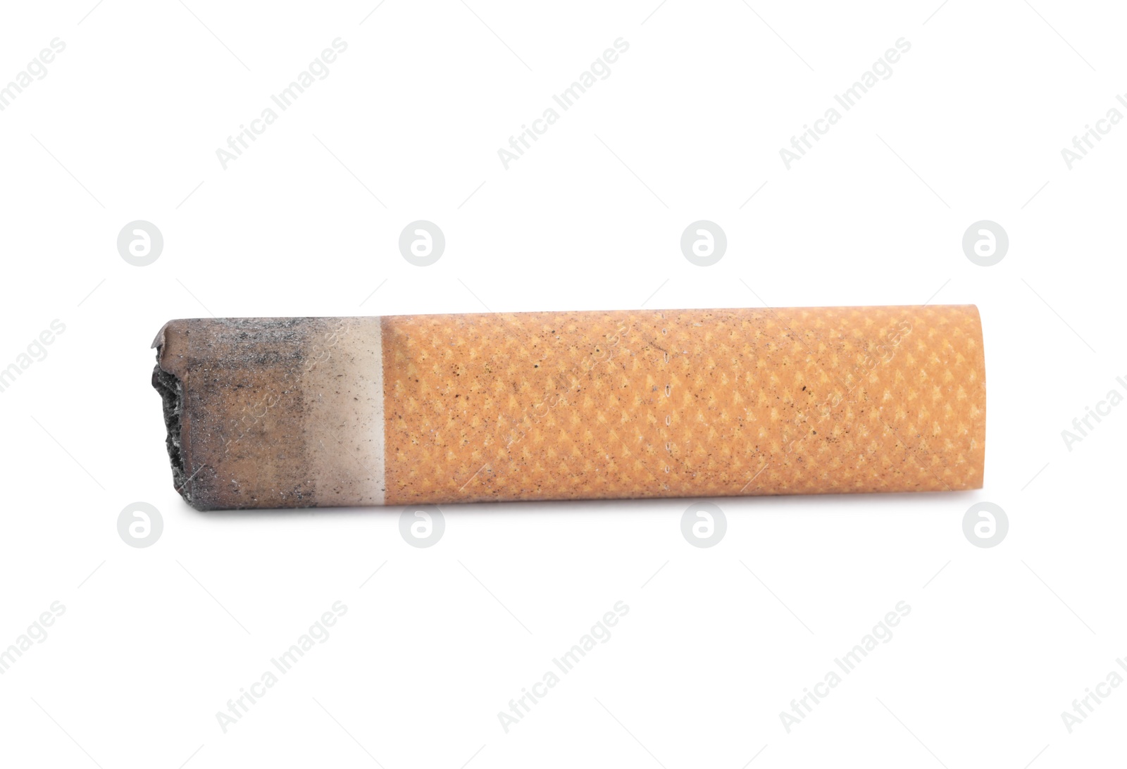 Photo of One burnt cigarette butt isolated on white
