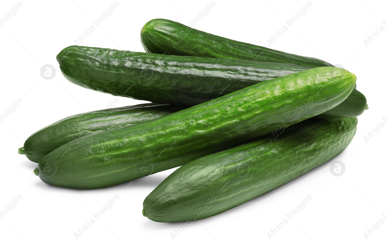 Photo of Many long fresh cucumbers isolated on white