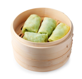 Photo of Bamboo steamer with delicious cabbage rolls isolated on white